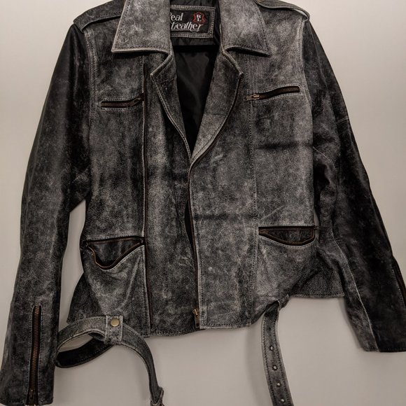 Distressed Gray Leather Moto Jacket - Picture 2 of 4